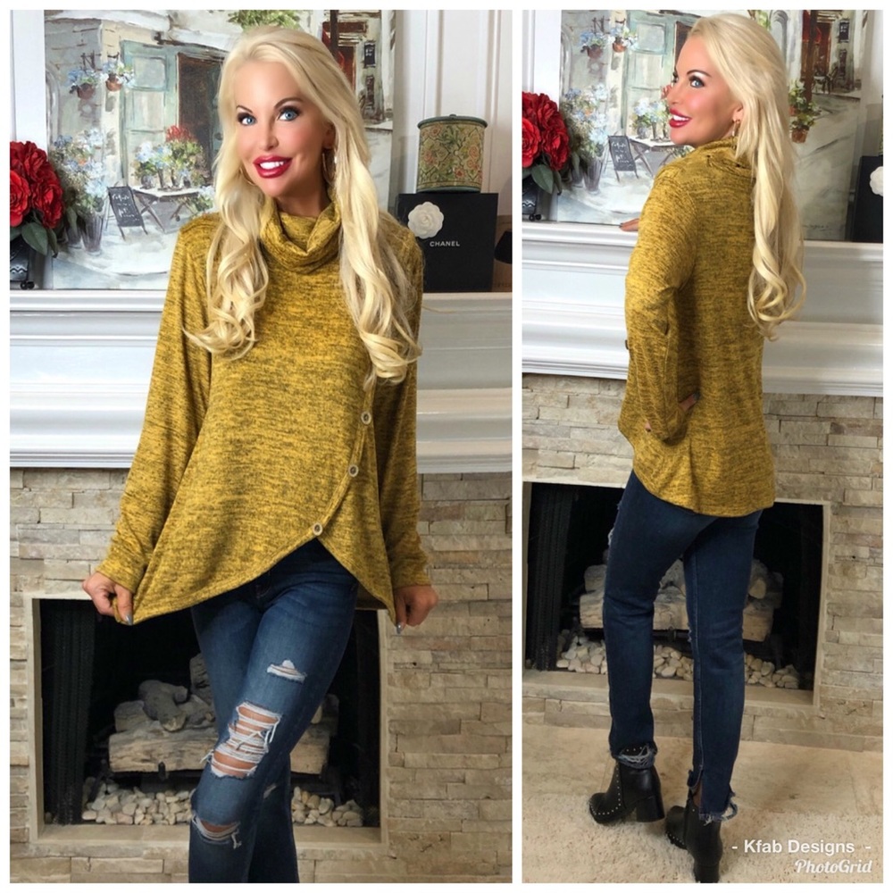 ❤️LAST 1! Mustard Cowl Neck Top with Button Detail - Picture 6 of 6